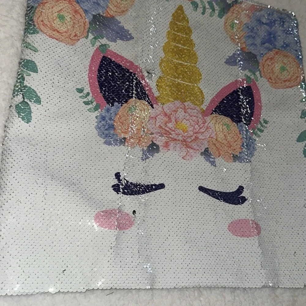 Unicorn Reversible Sequin Pillow Cover Floral Gold Horn White Sparkle Sham 15x15